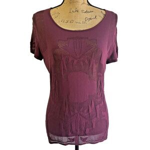 Etcetera Women's Purple Patterned Knit Stretch Short Sleeve Sweater Top Sz M/L